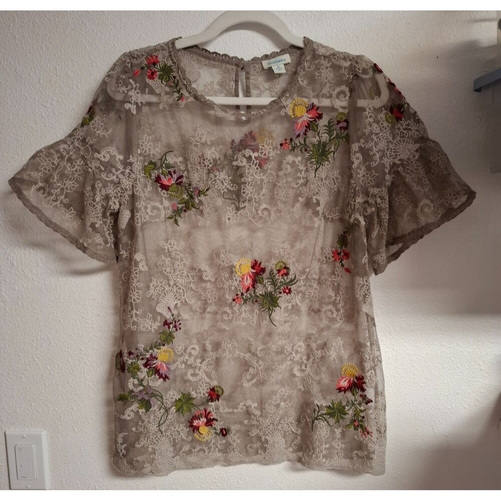 Women's SUNDANCE Lace Embroidered Semi-Sheer Short Bell Sleeve Blouse M